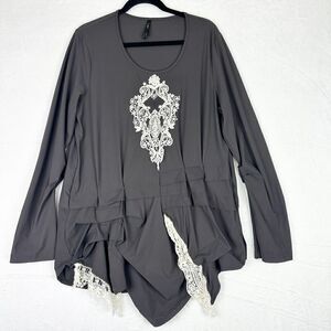 Porto Crochet Long Sleeve Jet Jersey Tunic Size 4/US XL Slinky Lagenlook Black